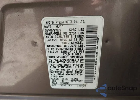 2011 Nissan Murano Sv из США, поврежденный, VIN JN8AZ1MWXBW177786